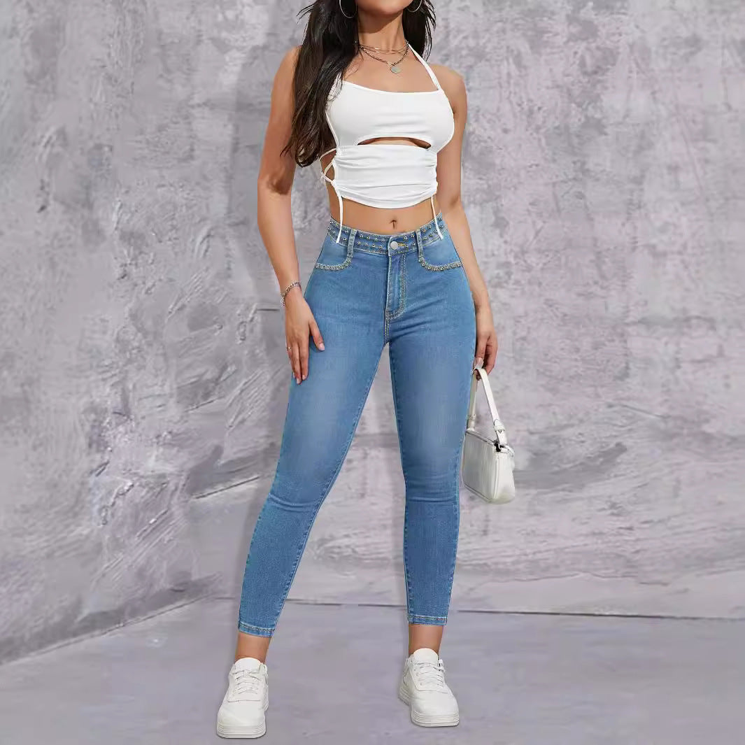 Damen Hochtaillierte Skinny Jeans mit Glitzerapplikationen Stalluxe