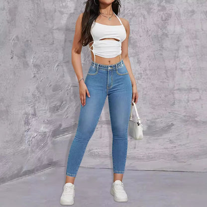 Damen Hochtaillierte Skinny Jeans mit Glitzerapplikationen Stalluxe