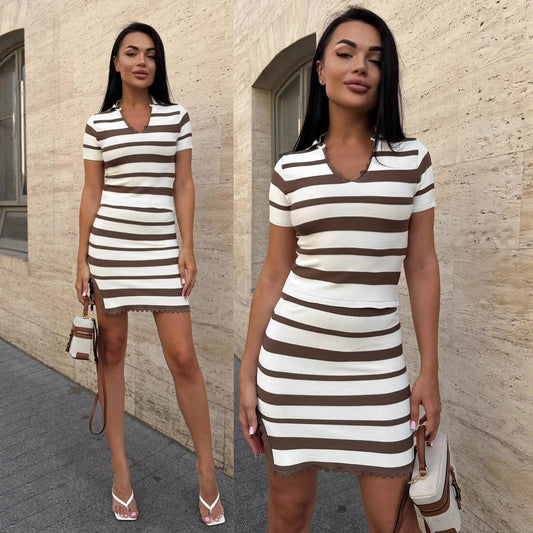 Damen Streifen Kleid mit kurzem Ärmel und Rippstruktur Stalluxe
