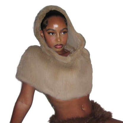 Damen Modischer Kunstpelz-Cape mit Kapuze Stalluxe