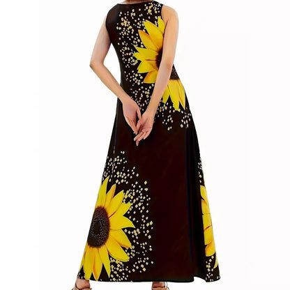 Damen Maxikleid mit buntem Sonnenblumenmotiv und praktischen Taschen Stalluxe