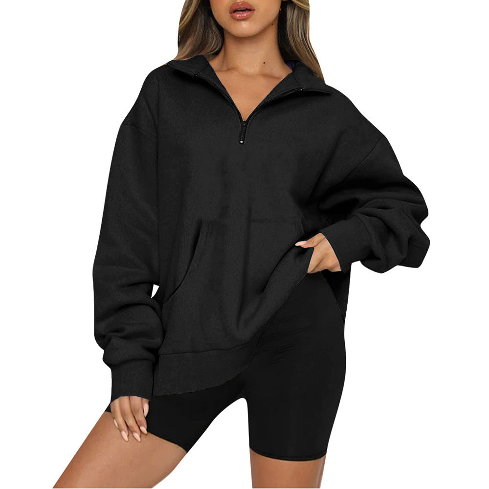 Damen Oversized Sweatshirt mit halbem Reißverschluss und Kapuze Stalluxe Schwarz