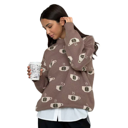 Damen Gemusterter Strickpullover mit Kaffeetassen-Motiv und angenehmem Sitz Stalluxe