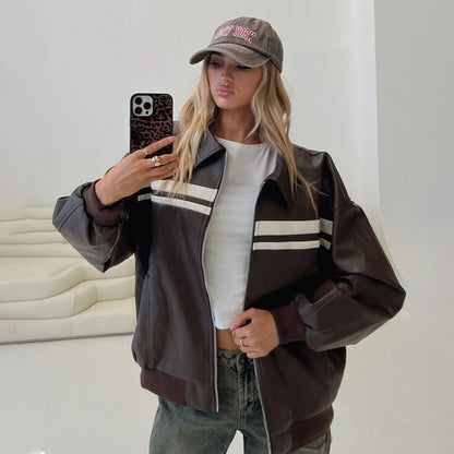 Damen modische Kunstlederjacke mit sportlichem Streifen-Design und lässigem Schnitt Stalluxe