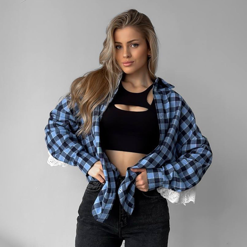 Damen Karottenbluse mit romantischem Spitzenbesatz Stalluxe Blau