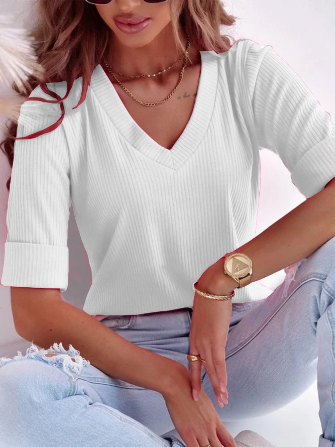 Damen V-Ausschnitt Kurzarmshirt aus geripptem Stoff Stalluxe