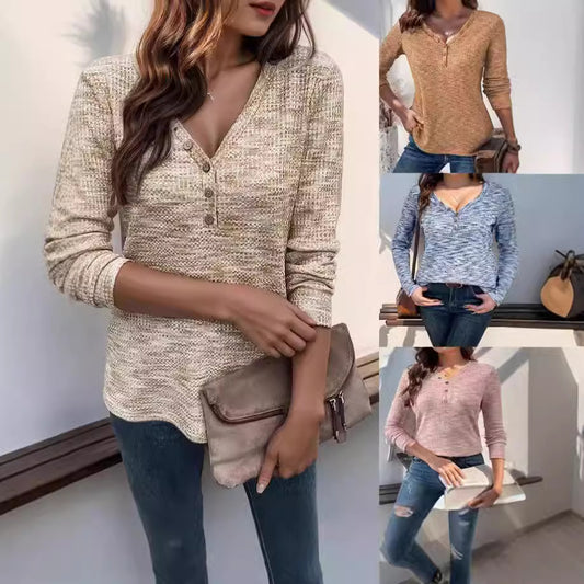 Damen Langarmshirt mit strukturiertem Halsausschnitt und Knopfdetails Stalluxe