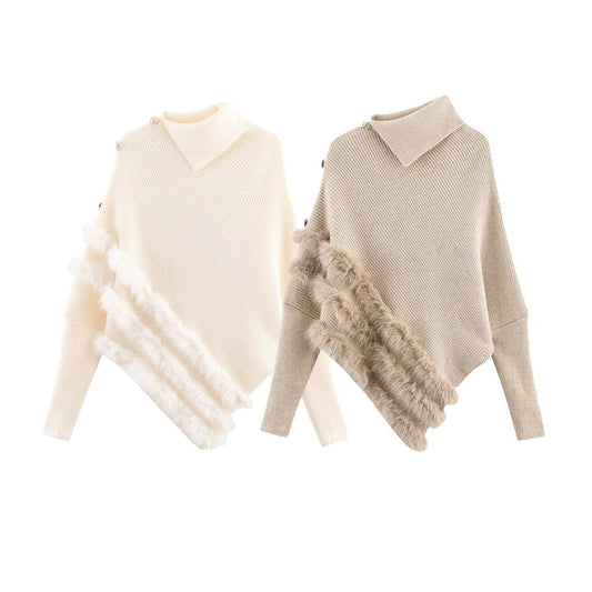 Damen Modischer Poncho mit feinem Strick und fellähnlichem Detail Stalluxe