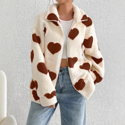 Damen kuschelige Fleecejacke mit herzförmigem Muster und hohem Kragen Stalluxe