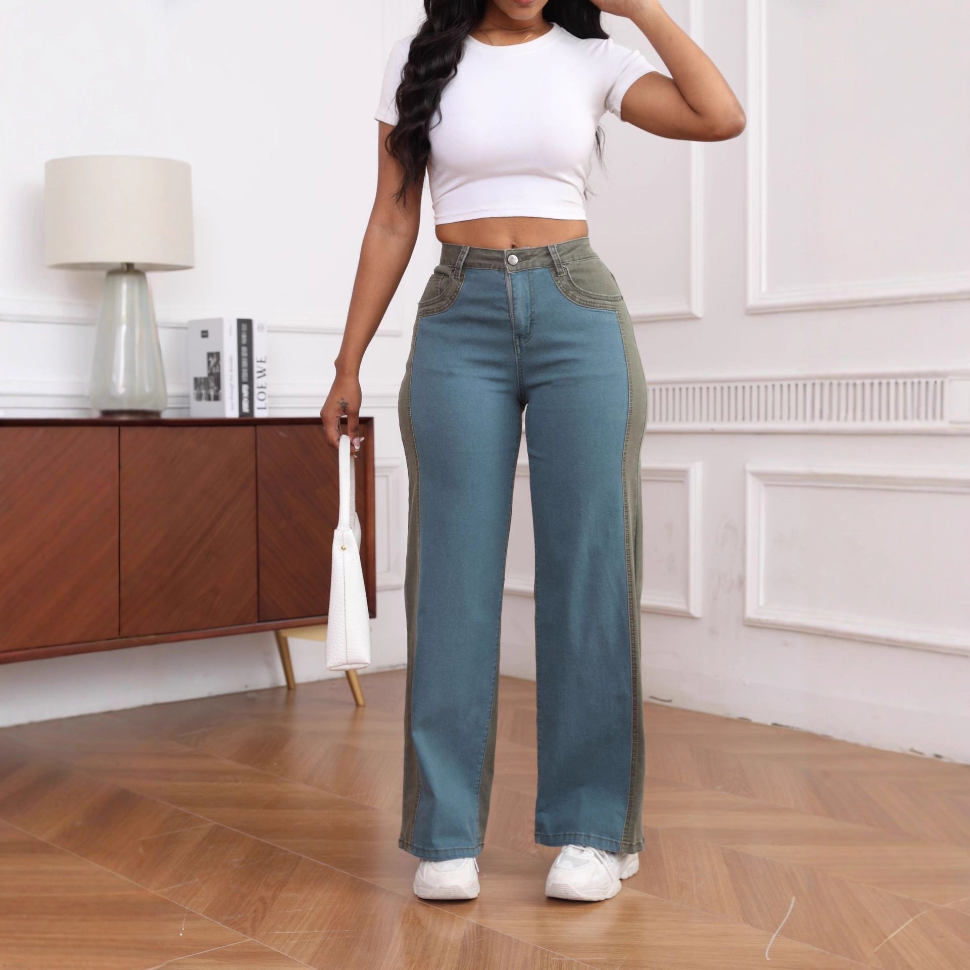 Damen High-Waist Jeans im modernen Farbblock-Design mit weitem Bein Stalluxe