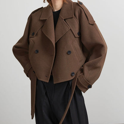 Damen lässige cropped Trenchjacke mit abnehmbaren Gürtel und großen Taschen Stalluxe
