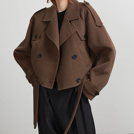 Damen lässige cropped Trenchjacke mit abnehmbaren Gürtel und großen Taschen Stalluxe