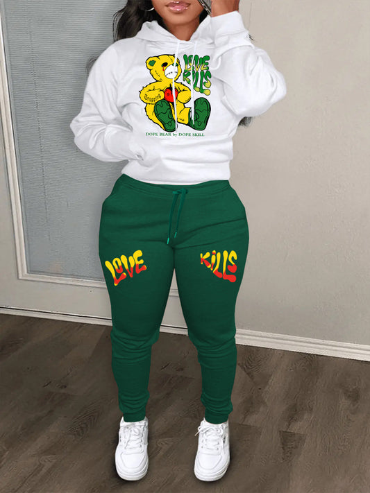 Damen Hoodie und Jogginghose Set mit kreativem Bärenmotiv und auffälligem Schriftzug Stalluxe