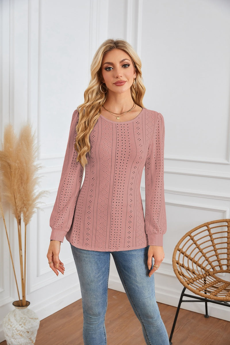 Damen Bluse mit luftigen Lochmustern und eleganten Puffärmeln Stalluxe