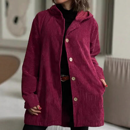 Damen Lässige cordjacke mit Kapuze und großen Knöpfen Stalluxe