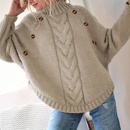 Damen Lockere Strickpullover mit hohem Kragen und dekorativen Knöpfen Stalluxe