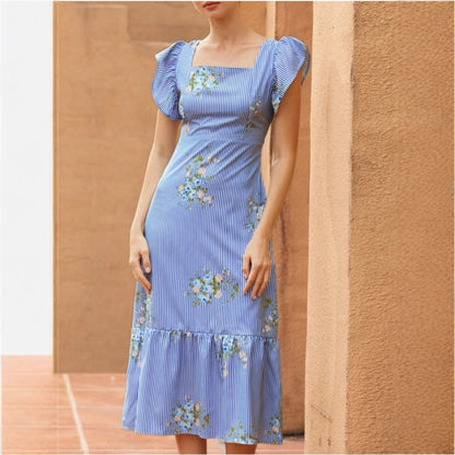 Damen Maxikleid mit floralem Streifenmuster und taillierter Silhouette Stalluxe