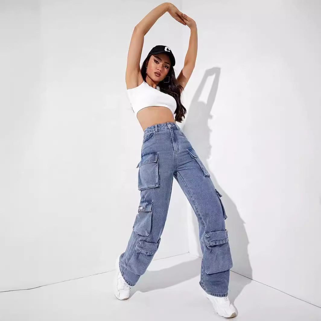 Damen Cargo-Jeans mit seitlichen Taschen und weitem Schnitt Stalluxe