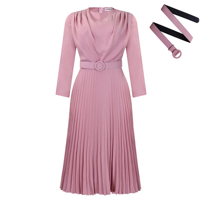 Damen Plisseekleid mit elegantem V-Ausschnitt und Gürtel Stalluxe