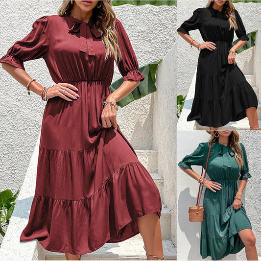 Damen Maxikleid mit elegantem Stehkragen und voluminösem Rüschensaum Stalluxe