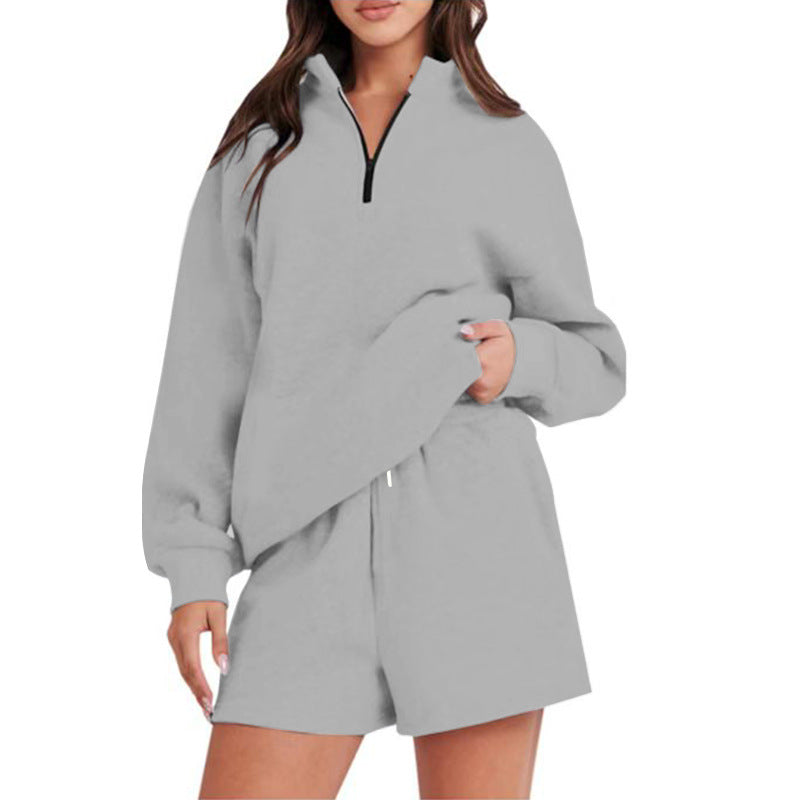 Damen bequemen Freizeit-Sweatanzug mit halbem Reißverschluss und Shorts Stalluxe