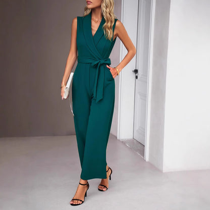 Damen Eleganter Jumpsuit mit Wickeloptik und Taillengürtel Stalluxe