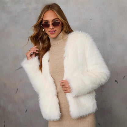 Damen kuschelige Kunstpelzjacke mit offener Front und voluminösen Ärmeln Stalluxe