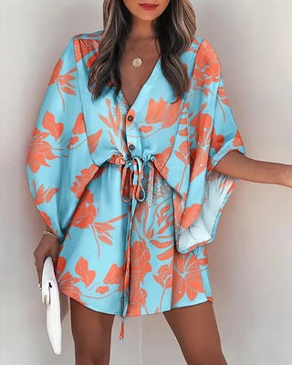Damen Blusen-Kleid mit floralen Mustern und Bindegürtel Stalluxe