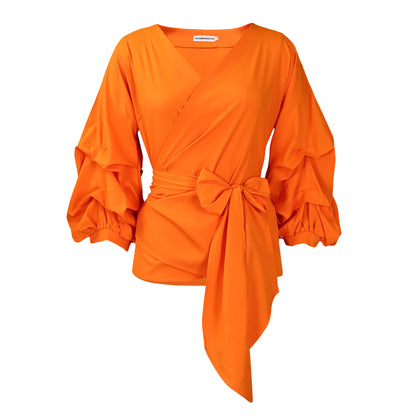 Damen Wickelbluse mit voluminösen Ärmeln und Taillengürtel Stalluxe
