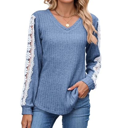 Damen Relaxed Fit V-Ausschnitt Pullover mit Spitzenakzenten Stalluxe