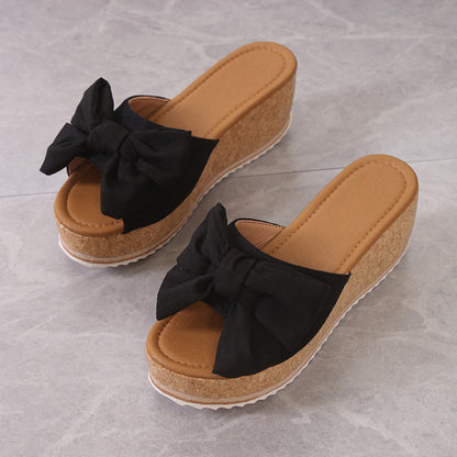 Damen Wedge-Pantoletten mit dekorativem Schleifen-Detail und Kork-Sohlen Stalluxe