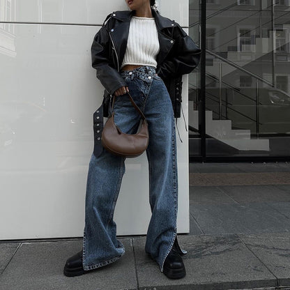 Damen High-Waist Jeans mit weitem Schnitt und seitlichen Schlitzen Stalluxe