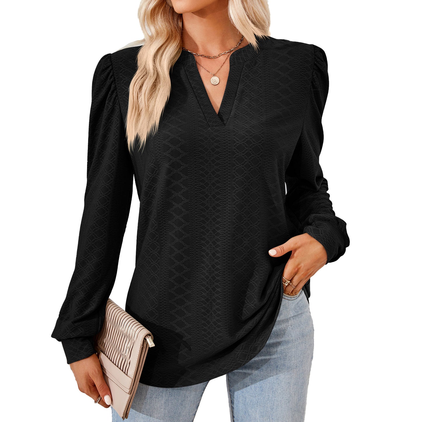 Damen Blusenshirt mit elegantem V-Ausschnitt und strukturiertem Muster Stalluxe