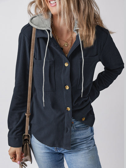 Damen Cargo-Hemdjacke mit Kapuze und modischem Rippstrickdesign Stalluxe