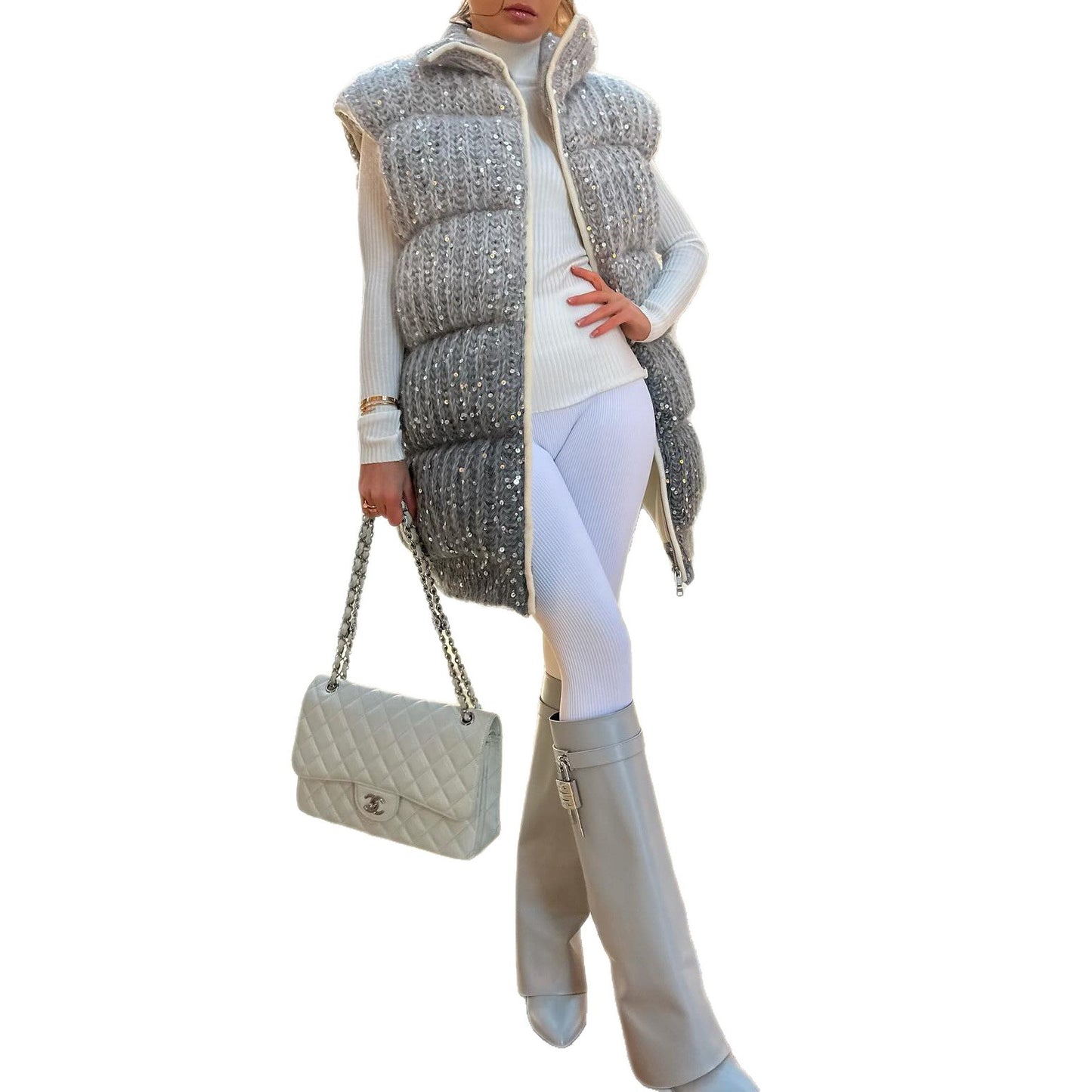 Damen Steppweste mit eleganten Pailletten-Details und hohem Kragen Stalluxe