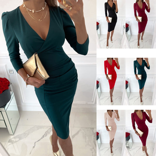 Women's Elegant V-Neck Midi Dress Stalluxe