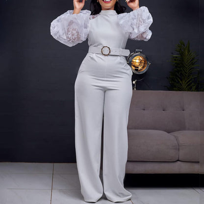 Damen Eleganter Jumpsuit mit transparenten Puffärmeln und tailliertem Gürtel Stalluxe