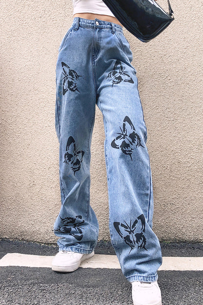 Damen weite High-Waist Jeans mit floralen Druckmotiven Stalluxe