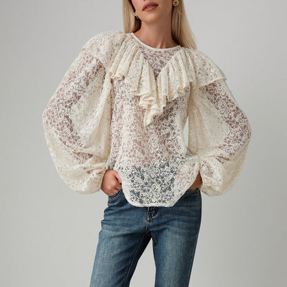 Damen Bluse mit voluminösen Rüschen und Spitzenmuster Stalluxe