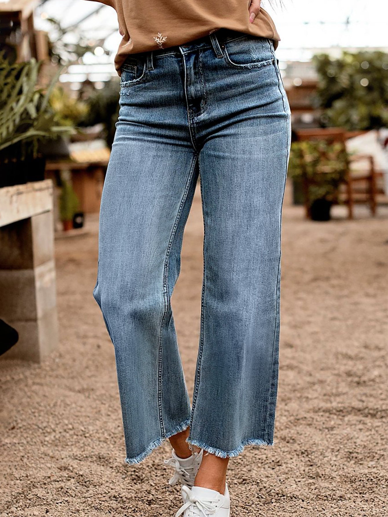 Damen Weit geschnittene Jeans mit fransigem Saum und hohem Bund Stalluxe