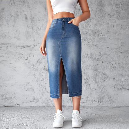 Damen Jeansrock mit hoch geschnittenem Schlitz und fransigem Saum Stalluxe