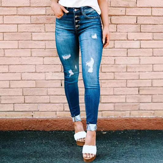 Damen High-Waist Skinny Jeans mit modischen Knopfdetails Stalluxe