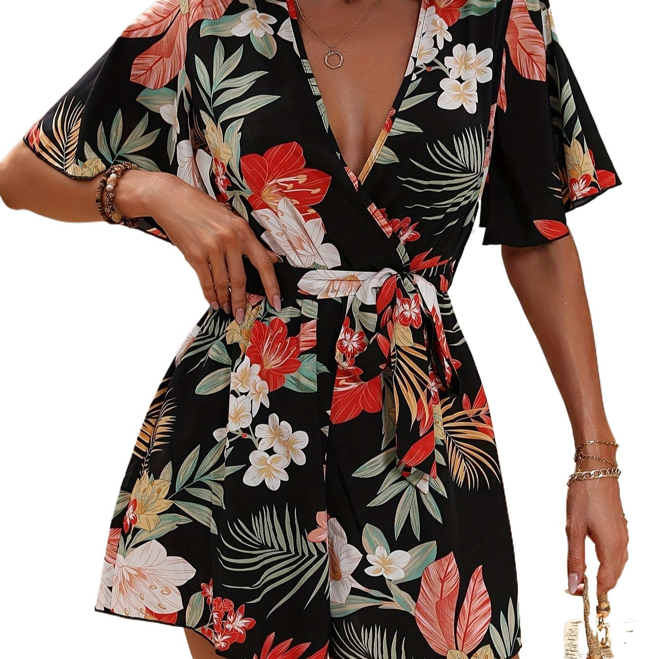 Damen Blumendesignd Jumpsuit mit Wickeloptik und Taillengürtel Stalluxe