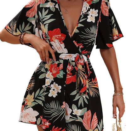 Damen Blumendesignd Jumpsuit mit Wickeloptik und Taillengürtel Stalluxe