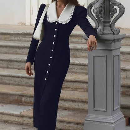 Damen Elegantes Maxikleid mit kontrastierendem Kragen und Knopfdetails Stalluxe