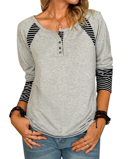 Damen lässiges Langarmshirt mit gestreiften Farbblockdetails und Knopfverschluss Stalluxe