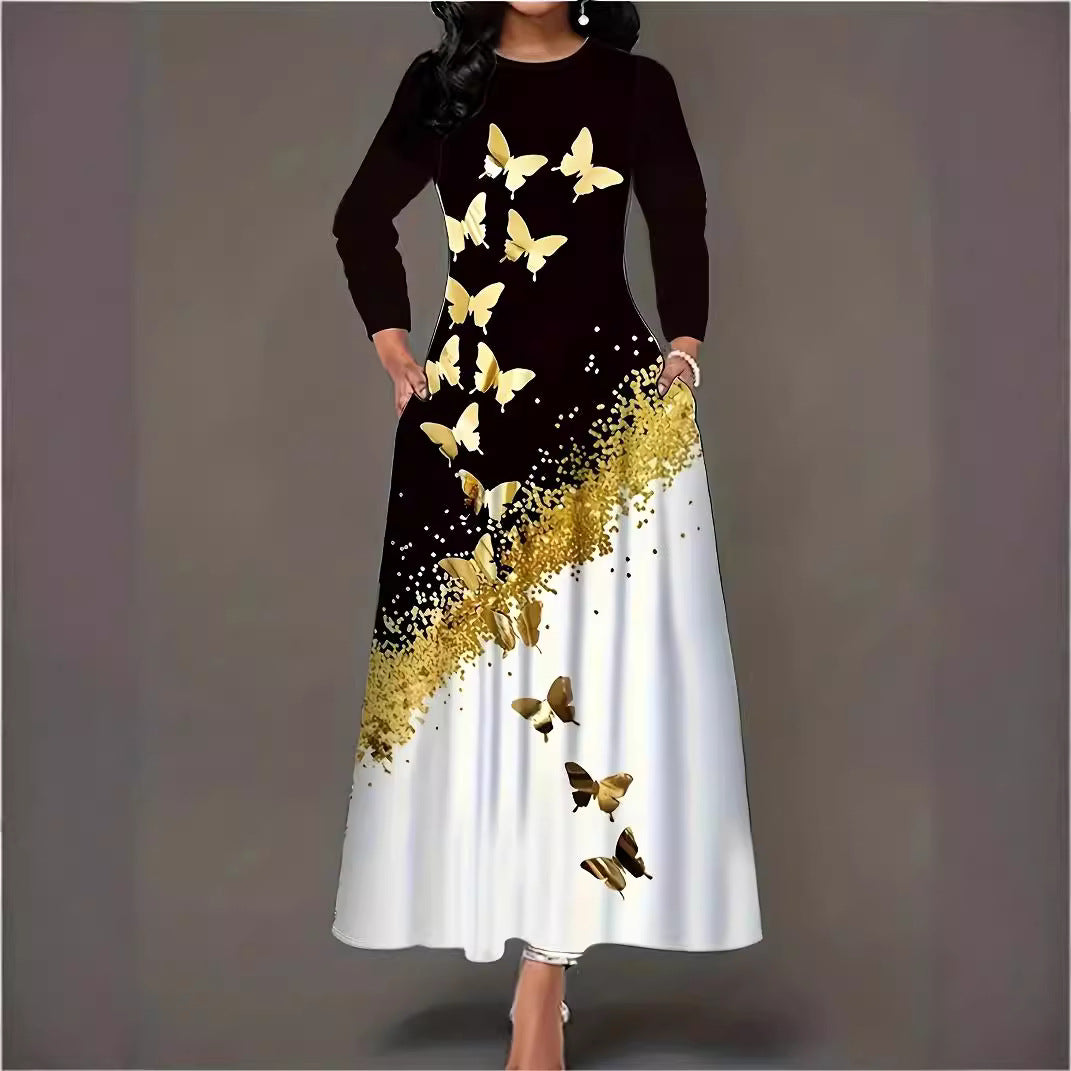 Damen Maxikleid mit elegantem Schmetterlingsmuster und funkelndem Goldakzent Stalluxe