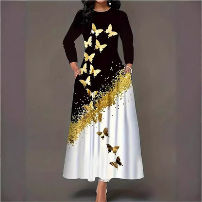 Damen Maxikleid mit elegantem Schmetterlingsmuster und funkelndem Goldakzent Stalluxe