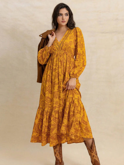 Damen Maxikleid mit tiefem V-Ausschnitt und weitem Rock Stalluxe