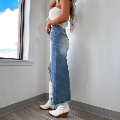 Damen Jeansrock mit asymmetrischem Schlitz und Fransensaum Stalluxe